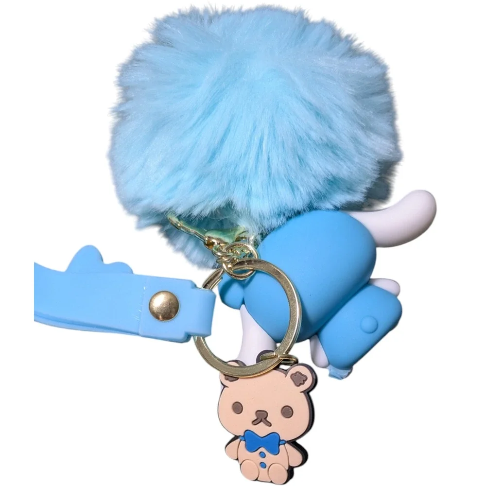 Hello Kitty And Friends - Cinnamoroll - Blue Fluffy PomPom Keychain - Brand New